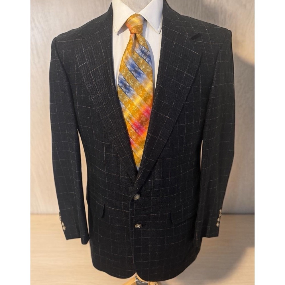 Vintage CORBIN Union Made USA Black Windowpane Sport Coat Jacket Blazer Silk 40R